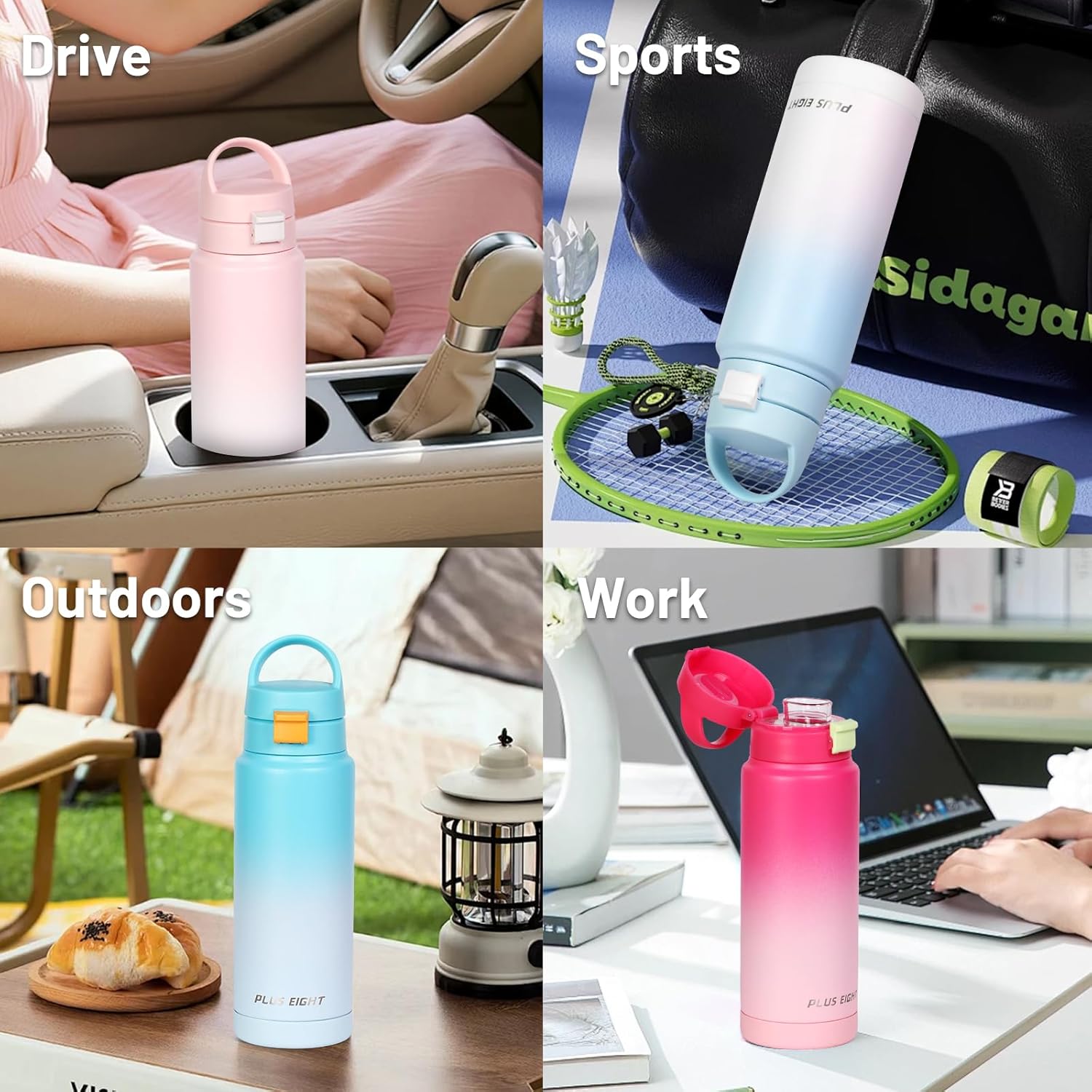 PLUSEIGHT Insulated Water Bottle 750ml (24oz) - Leakproof Stainless Steel Vacuum Flask with Locking Lid, One-Touch Spout & Carry Handle - Hot 12H Cold 24H - Blue Ombre
