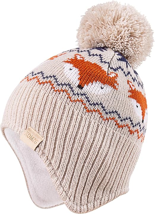XOMZG Toddler Winter Beanie Hat with Earflaps, Pom Pom & Fleece Lining – Warm Knit Ski Cap for Boys & Girls 0-36 Months