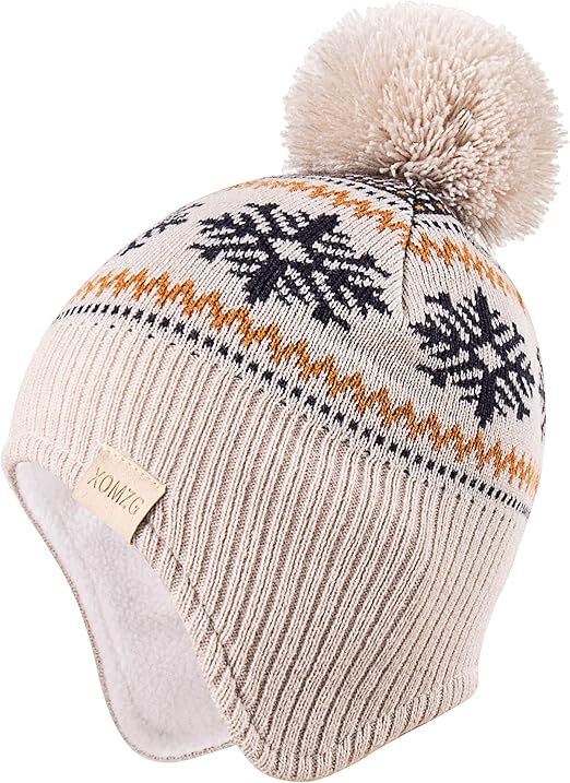 XOMZG Toddler Winter Beanie Hat with Earflaps, Pom Pom & Fleece Lining – Warm Knit Ski Cap for Boys & Girls 0-36 Months