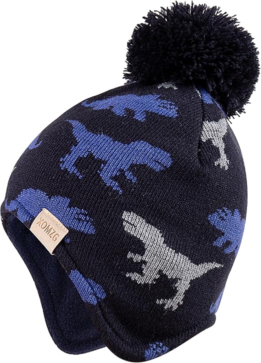 XOMZG Toddler Winter Beanie Hat with Earflaps, Pom Pom & Fleece Lining – Warm Knit Ski Cap for Boys & Girls 0-36 Months
