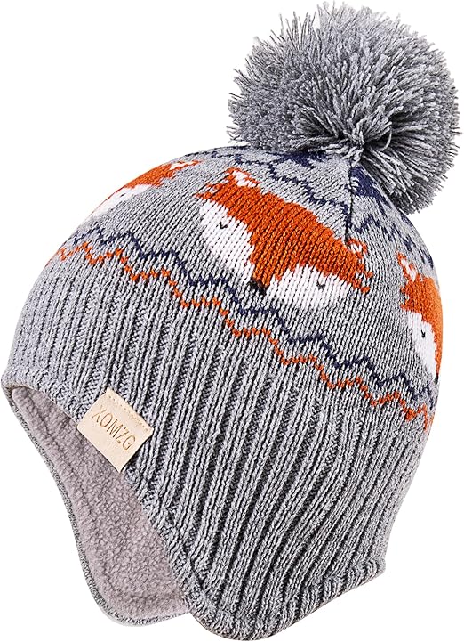 XOMZG Toddler Winter Beanie Hat with Earflaps, Pom Pom & Fleece Lining – Warm Knit Ski Cap for Boys & Girls 0-36 Months