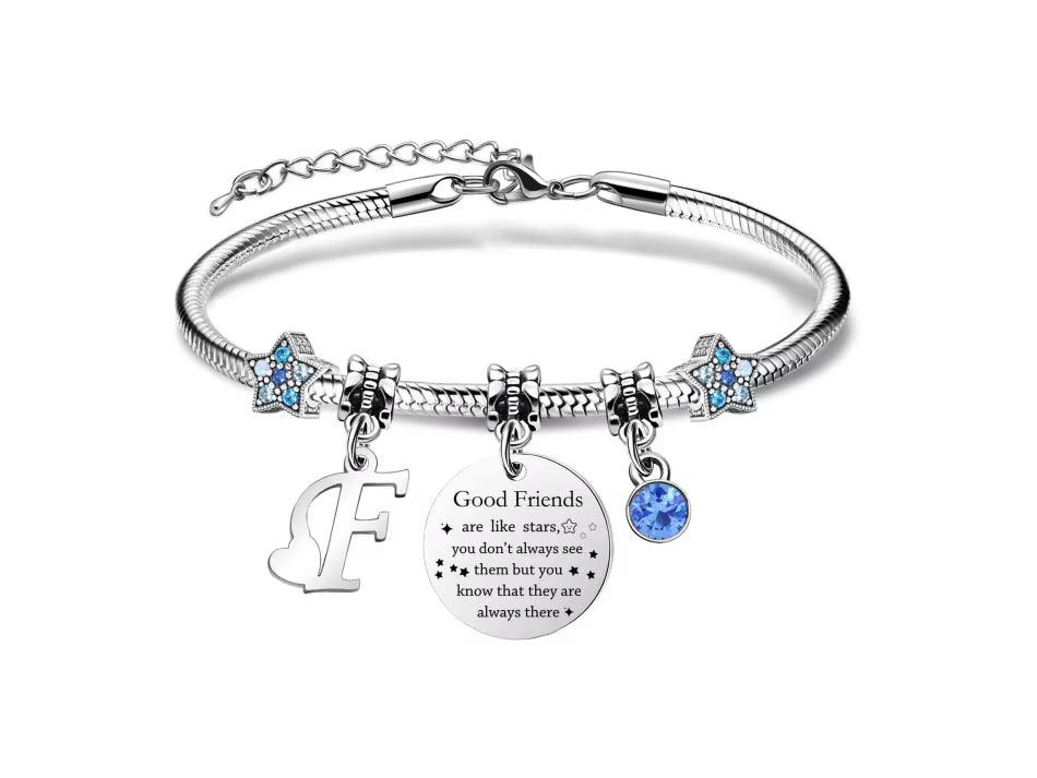 COEROW Personalized Initial Starfish Bracelet for Women - Friendship Gift with "Good Friends Are Like Stars" Charm, Blue Crystal & Letter Pendant, Stainless Steel Snake Chain