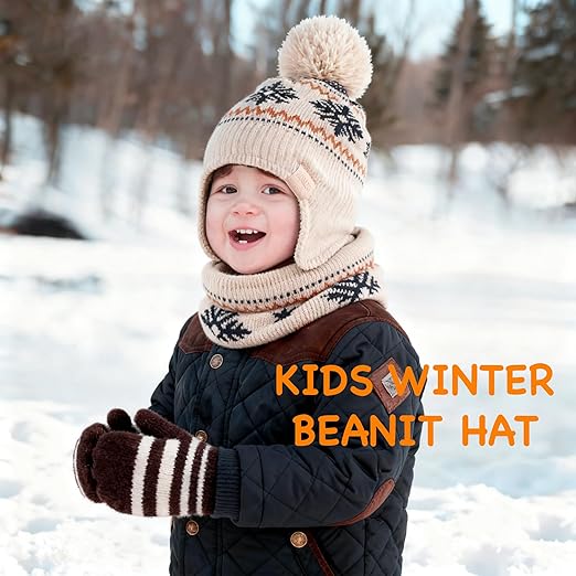 XOMZG Toddler Winter Beanie Hat with Earflaps, Pom Pom & Fleece Lining – Warm Knit Ski Cap for Boys & Girls 0-36 Months