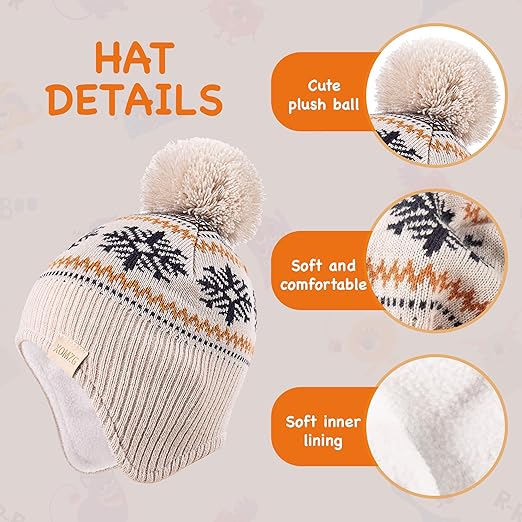 XOMZG Toddler Winter Beanie Hat with Earflaps, Pom Pom & Fleece Lining – Warm Knit Ski Cap for Boys & Girls 0-36 Months