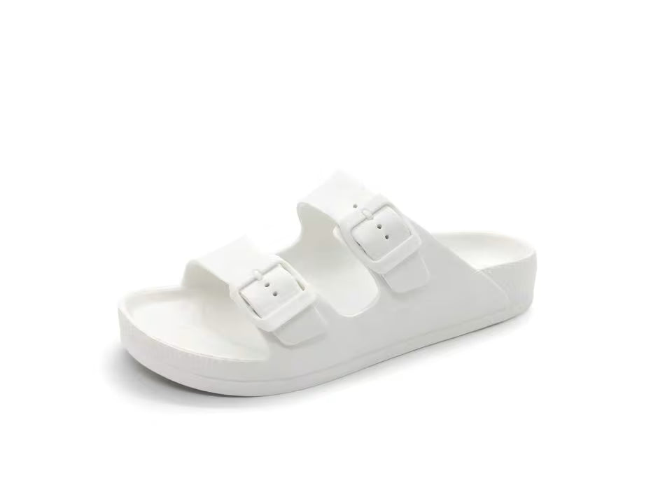 FUNKYMONKEY Women’s EVA Double Buckle Platform Slides | Adjustable Comfort Sandals | Arch Support | White & Grey