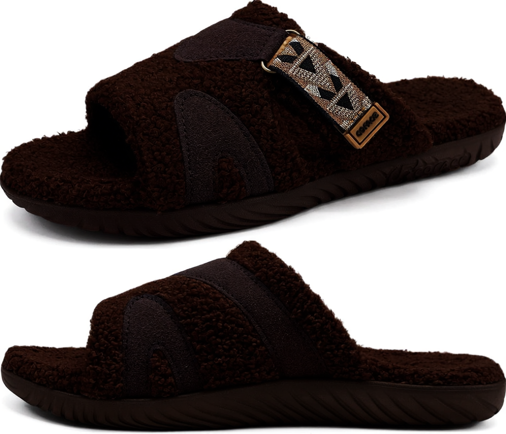 COFACE Men's Orthopedic Slippers with Memory Foam - Fuzzy Sherpa Lining, Plantar Fasciitis Relief, Machine Washable | Brown Size 10