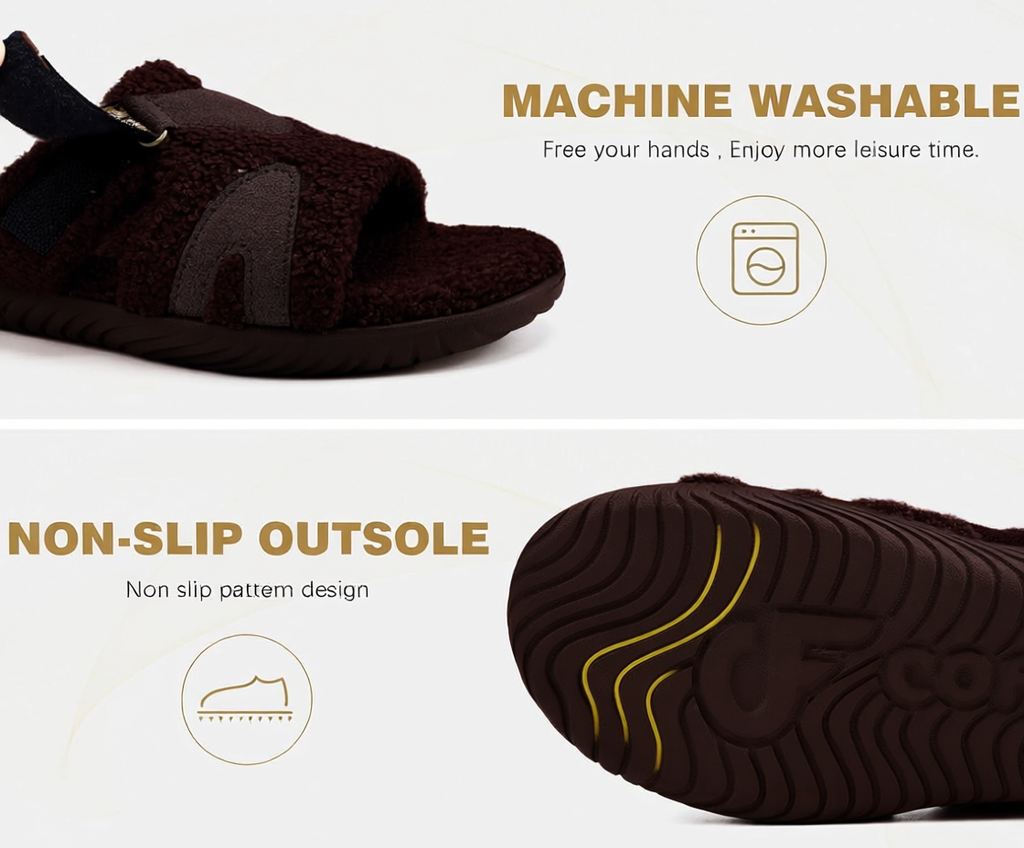 COFACE Men's Orthopedic Slippers with Memory Foam - Fuzzy Sherpa Lining, Plantar Fasciitis Relief, Machine Washable | Brown Size 10