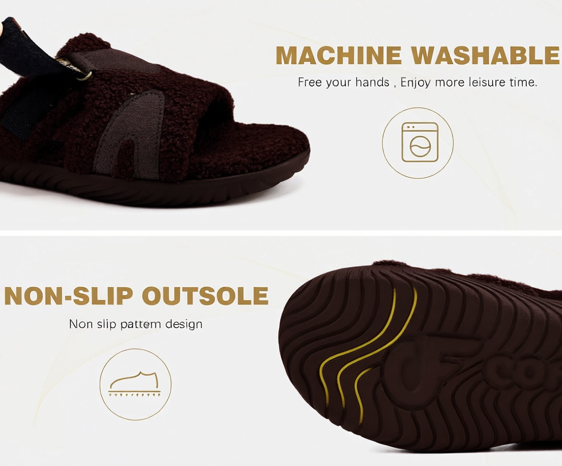 COFACE Men's Orthopedic Slippers with Memory Foam - Fuzzy Sherpa Lining, Plantar Fasciitis Relief, Machine Washable | Brown Size 10