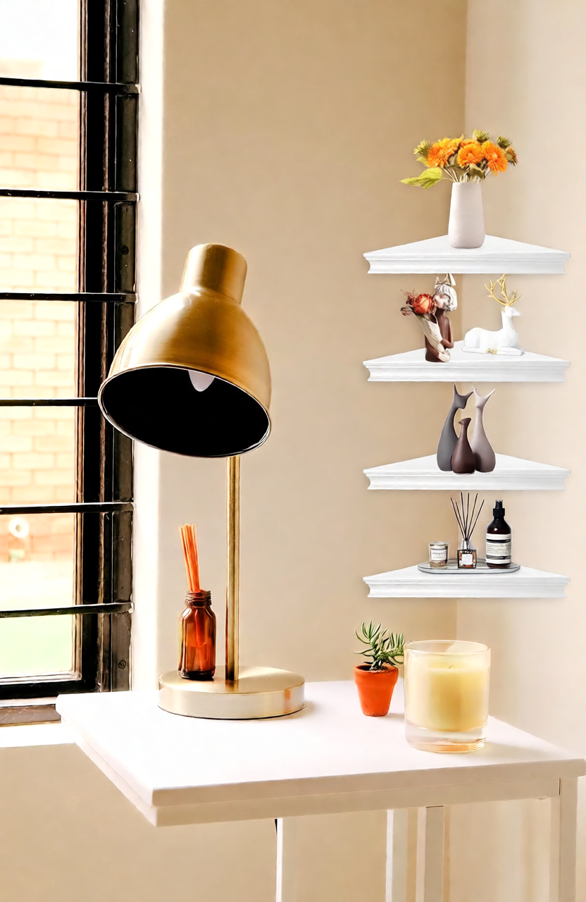 NIUBEST 4-pack rustic wood corner floating shelves with hollow design, each supporting up to 30lbs, ideal for stylish home organization.