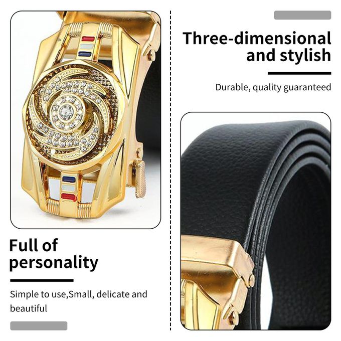 Kerloze men's leather belt with automatic buckle, gold finish, rhinestone accents, 120cm, suitable for business and casual wear