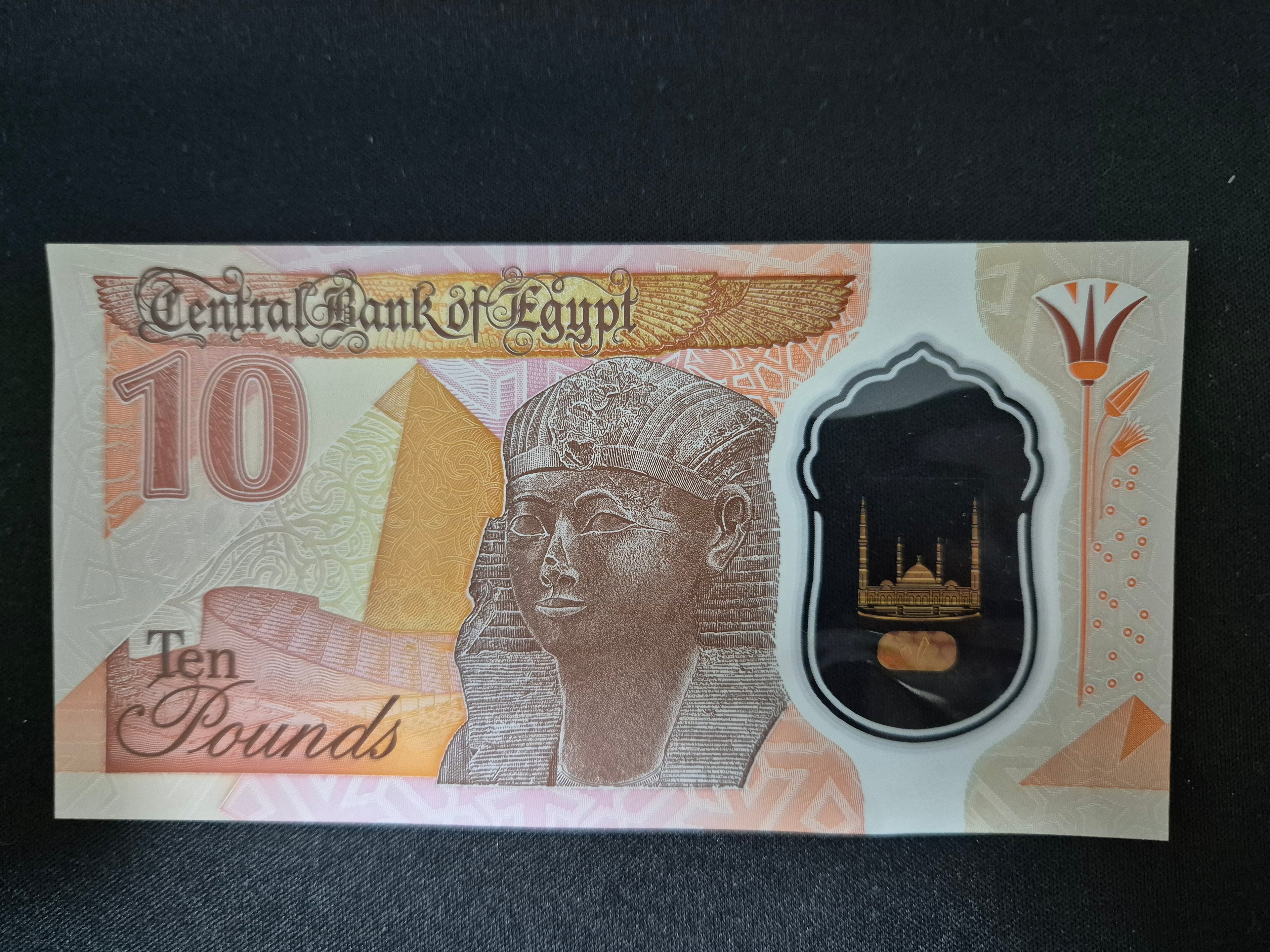 Genuine Egyptian 10 Pound banknote featuring historical Egyptian imagery, used as a rare collectible foreign currency.