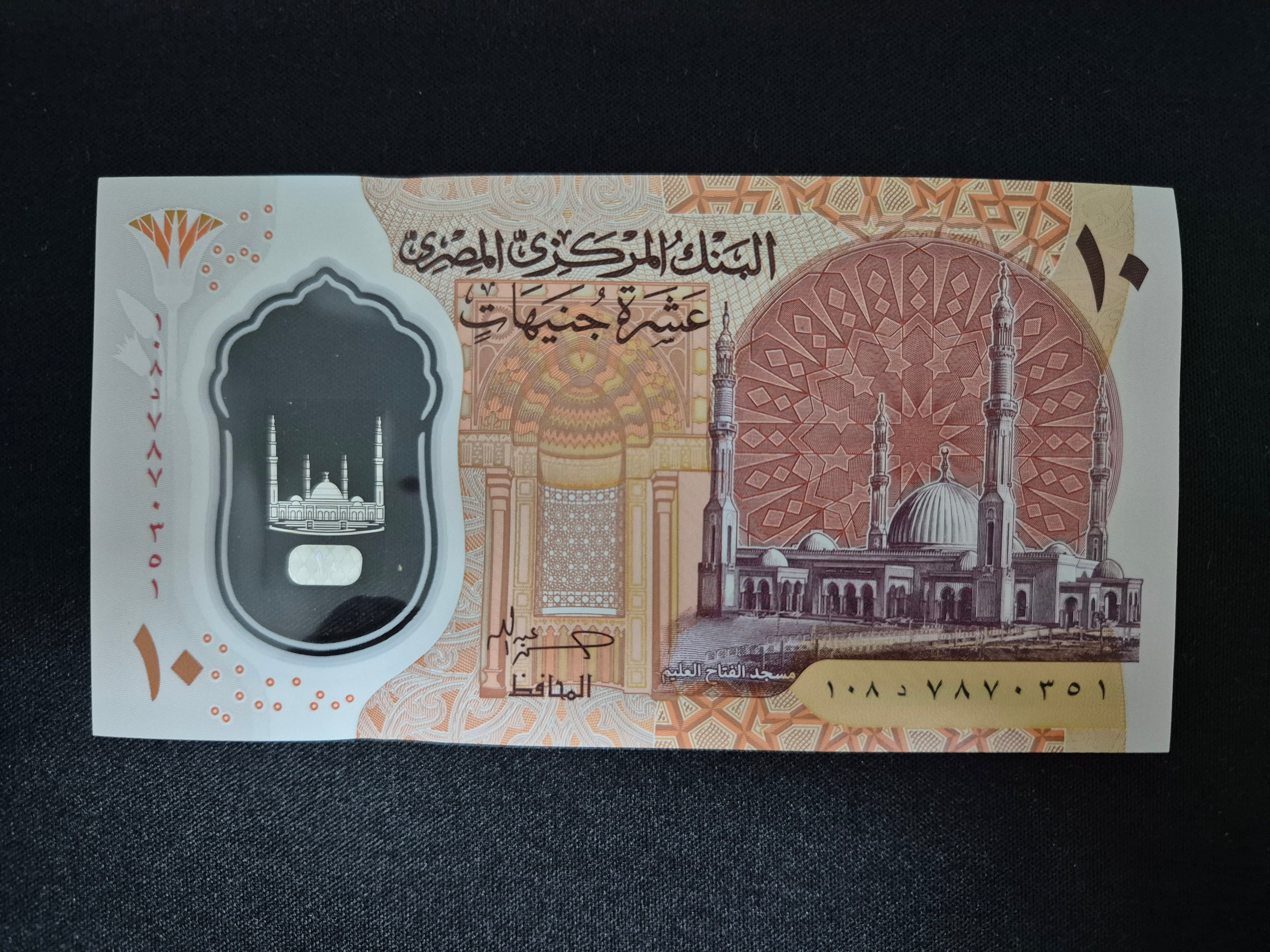 Genuine Egyptian 10 Pound banknote, rare foreign currency collectible, featuring intricate designs and historical motifs.