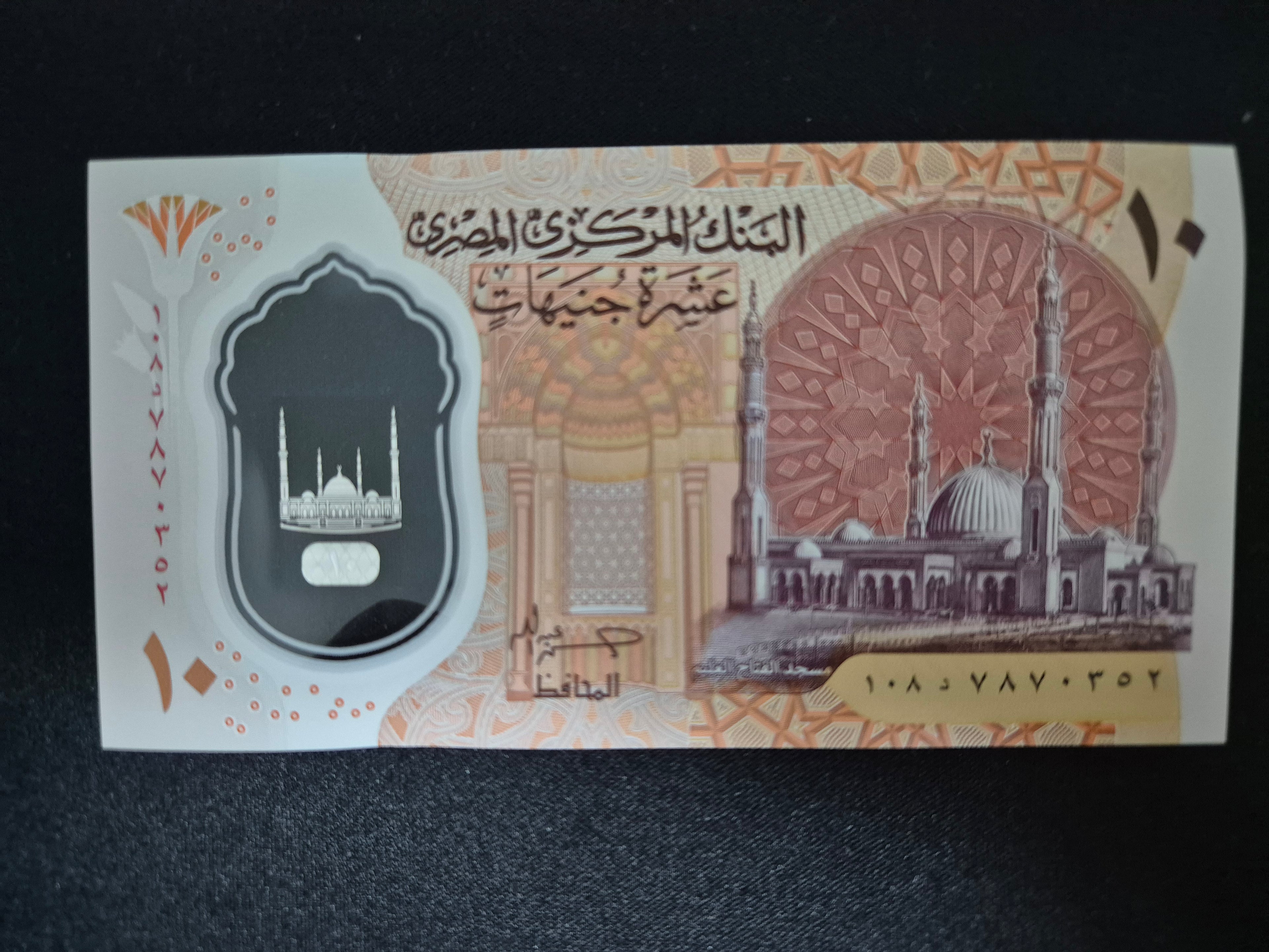 Genuine Egyptian 10 Pound banknote, rare foreign currency collectible, featuring traditional Egyptian design and security features.