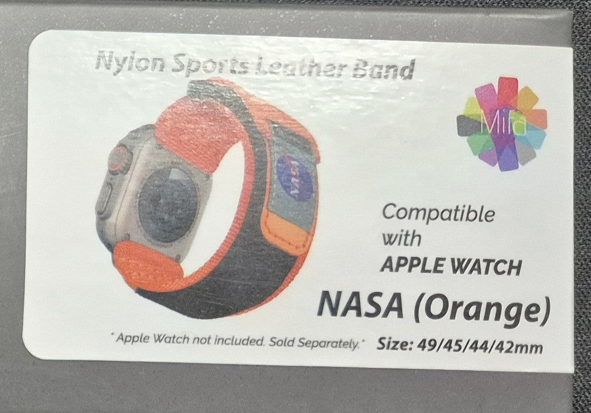 MIFA NASA licensed Apple Watch band with rugged nylon and leather strap, featuring NASA logo and durable design.