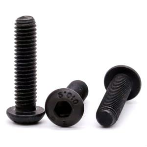 Black oxide Glvaner M10-1.50 alloy steel button head socket cap screw, grade 10.9, shown in close-up.