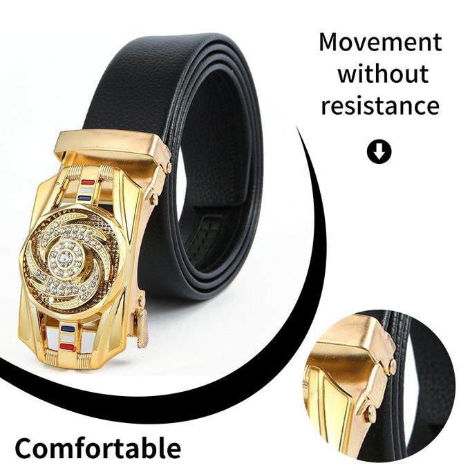 Kerloze men's leather belt with automatic buckle, luxury gold finish, rhinestone details, ideal for business and casual wear.