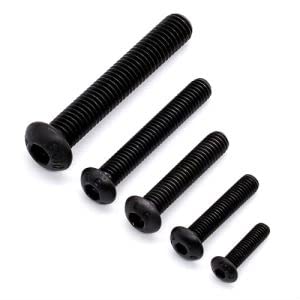Black oxide M10-1.50 alloy steel button head socket cap screw by Glvaner, grade 10.9, with a smooth, rounded head.