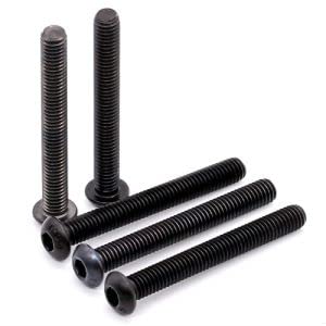 Black oxide Glvaner M10-1.50 alloy steel button head socket cap screw, 10.9 grade, shown with threading and smooth head.