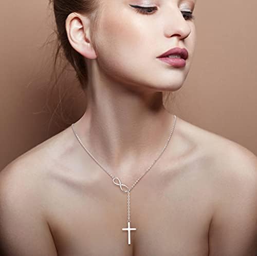 EleQueen 925 Sterling Silver Infinity Cross Lariat Necklace for Women, Dainty Y-Necklace 18in, Religious Pendant Jewelry Gift for Wife Mom Daughter