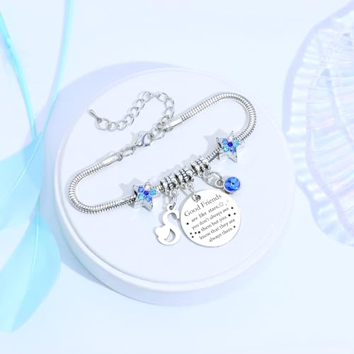 COEROW Personalized Initial Starfish Bracelet for Women - Friendship Gift with "Good Friends Are Like Stars" Charm, Blue Crystal & Letter Pendant, Stainless Steel Snake Chain