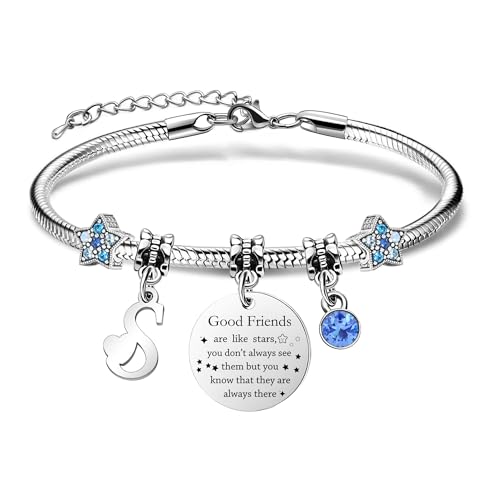 COEROW Personalized Initial Starfish Bracelet for Women - Friendship Gift with "Good Friends Are Like Stars" Charm, Blue Crystal & Letter Pendant, Stainless Steel Snake Chain
