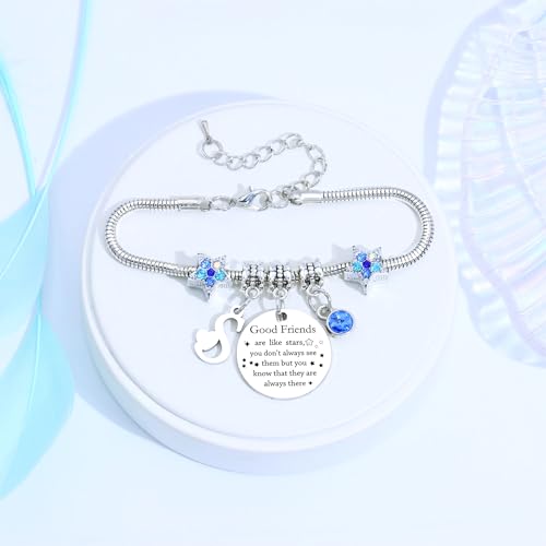 COEROW Personalized Initial Starfish Bracelet for Women - Friendship Gift with "Good Friends Are Like Stars" Charm, Blue Crystal & Letter Pendant, Stainless Steel Snake Chain