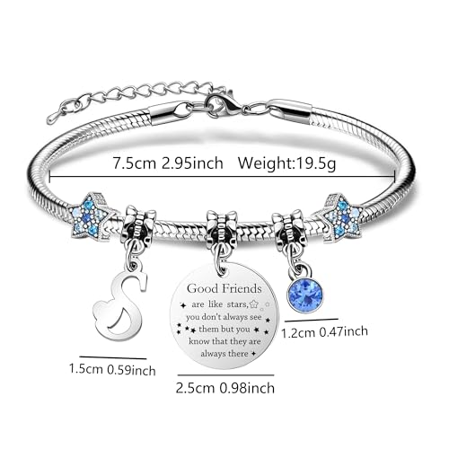 COEROW Personalized Initial Starfish Bracelet for Women - Friendship Gift with "Good Friends Are Like Stars" Charm, Blue Crystal & Letter Pendant, Stainless Steel Snake Chain