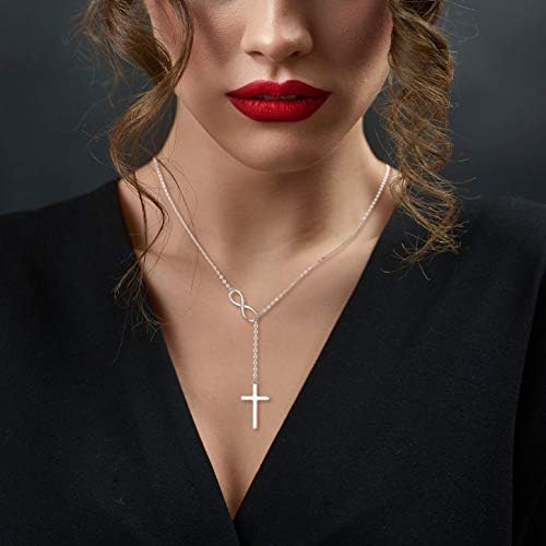 EleQueen 925 Sterling Silver Infinity Cross Lariat Necklace for Women, Dainty Y-Necklace 18in, Religious Pendant Jewelry Gift for Wife Mom Daughter