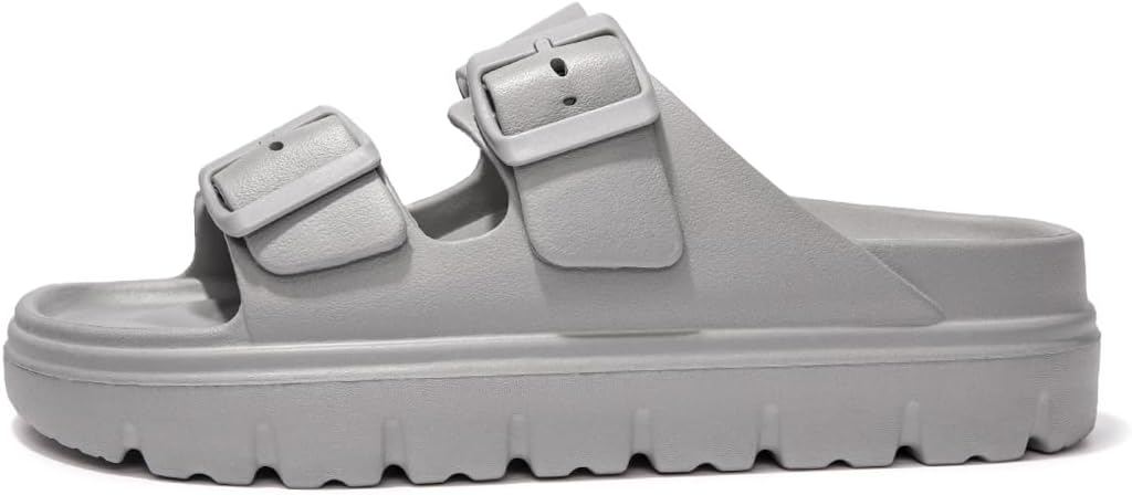 FUNKYMONKEY Women’s EVA Double Buckle Platform Slides | Adjustable Comfort Sandals | Arch Support | White & Grey
