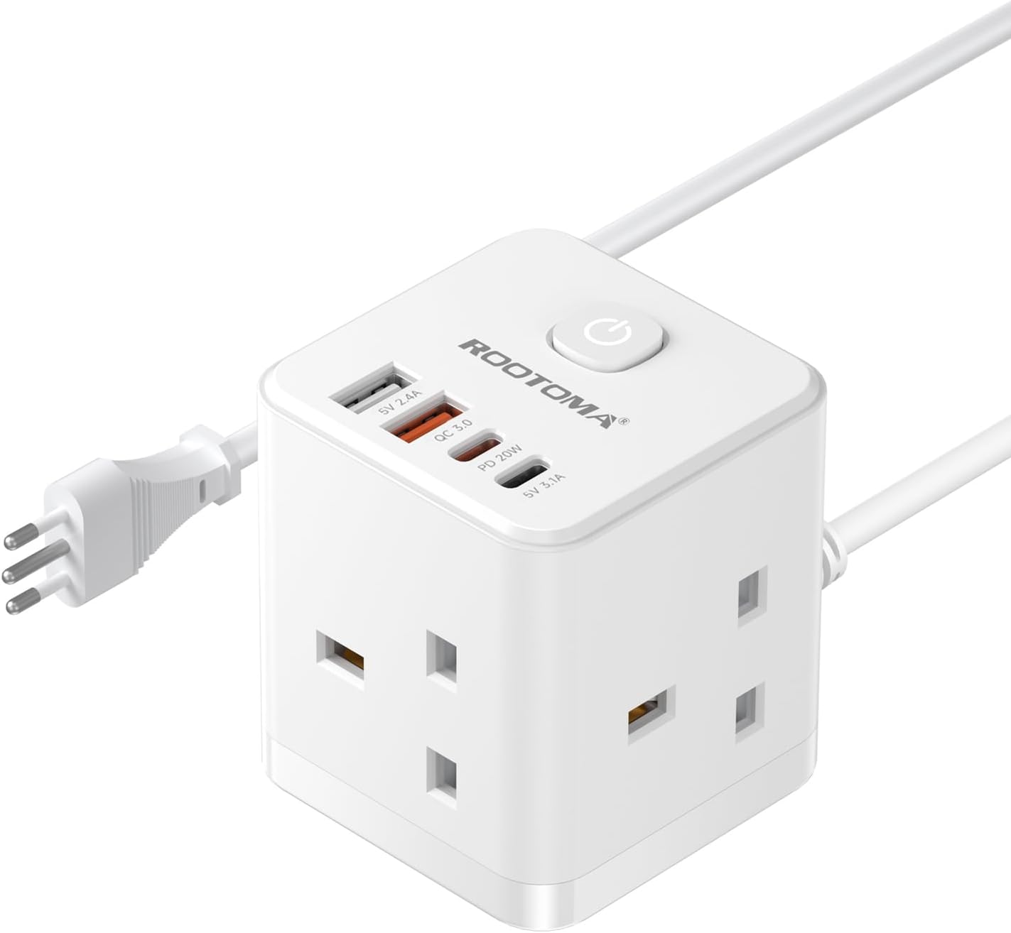 ROOTOMA UK to Italy Travel Adapter Type L, 7-in-1 Plug Adapter with 1.5M Extension, 3 UK Outlets + 2 USB-C PD 20W + 2 USB-A QC3.0, Cube Charger for Italy Chile Uruguay Syria Eritrea