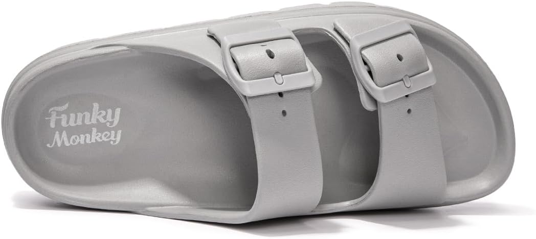 FUNKYMONKEY Women’s EVA Double Buckle Platform Slides | Adjustable Comfort Sandals | Arch Support | White & Grey