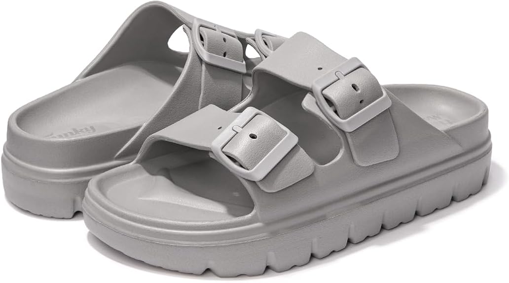 FUNKYMONKEY Women’s EVA Double Buckle Platform Slides | Adjustable Comfort Sandals | Arch Support | White & Grey