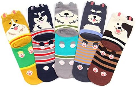 Teenloveme Women's Cute Dog Cartoon Crew Socks 5-Pack - Cotton Blend Novelty Animal Socks One Size UK 3-10