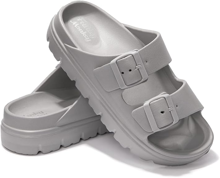 FUNKYMONKEY Women’s EVA Double Buckle Platform Slides | Adjustable Comfort Sandals | Arch Support | White & Grey