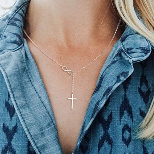 EleQueen 925 Sterling Silver Infinity Cross Lariat Necklace for Women, Dainty Y-Necklace 18in, Religious Pendant Jewelry Gift for Wife Mom Daughter