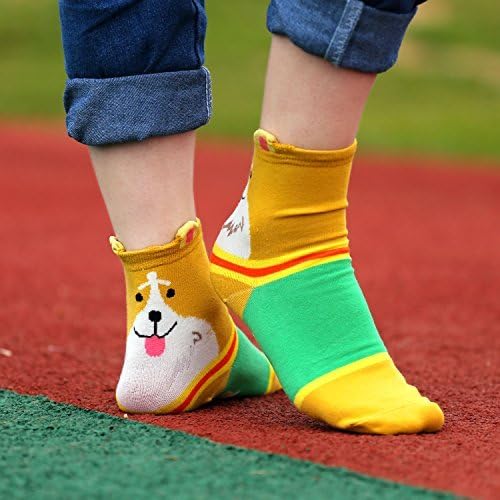 Teenloveme Women's Cute Dog Cartoon Crew Socks 5-Pack - Cotton Blend Novelty Animal Socks One Size UK 3-10