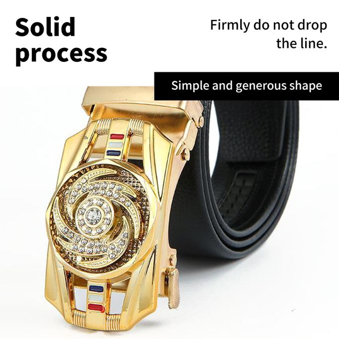 Kerloze men's leather belt with automatic buckle, luxury gold finish, rhinestone detail, suitable for business and casual wear.