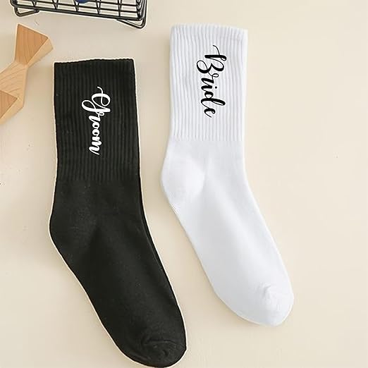 Lady&Home his and hers cotton couple socks in black and white, breathable crew design for wedding, honeymoon, or engagement gift