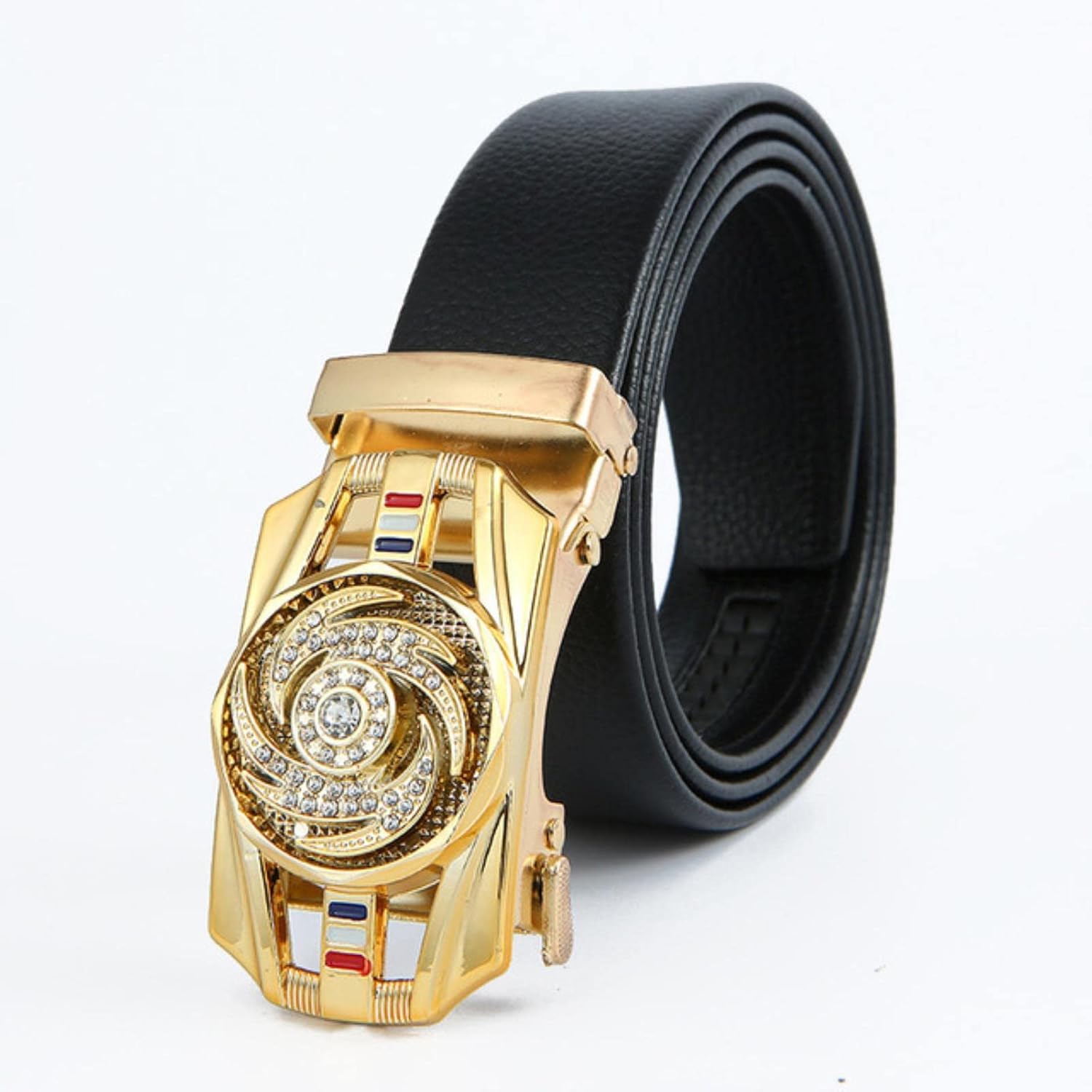 Kerloze men's leather belt with automatic buckle and luxury gold detail, rhinestones, suitable for business or casual wear.