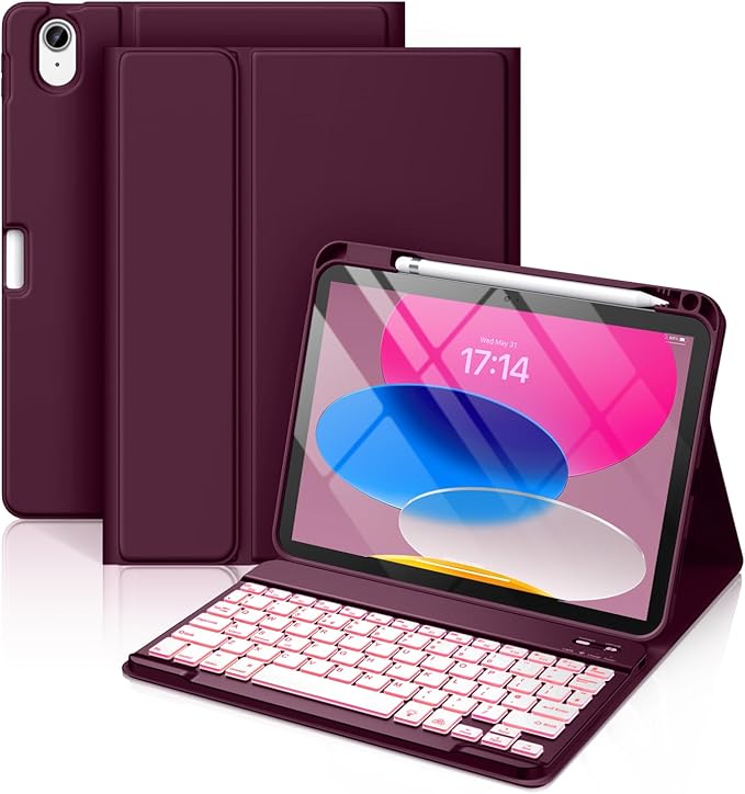 Vobafe iPad 11th/10th Gen keyboard case with 7-color backlit Bluetooth keyboard and detachable design, shown with iPad.