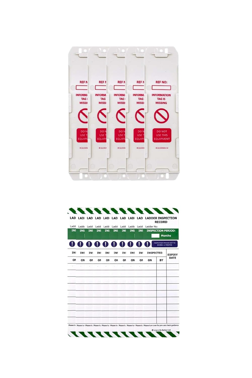 Livelifebetter® Ladder Inspection Tag Kit - 5 Holders + 10 Inserts - Hse Compliant - Fits All Ladders - Indoor/Outdoor Use