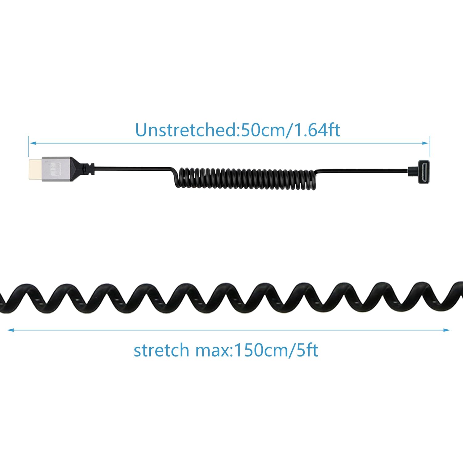 Riieyoca 90° down angle 4K HDMI extender coiled cable, stretchable to 5ft, supports HDR and 18Gbps data transfer.