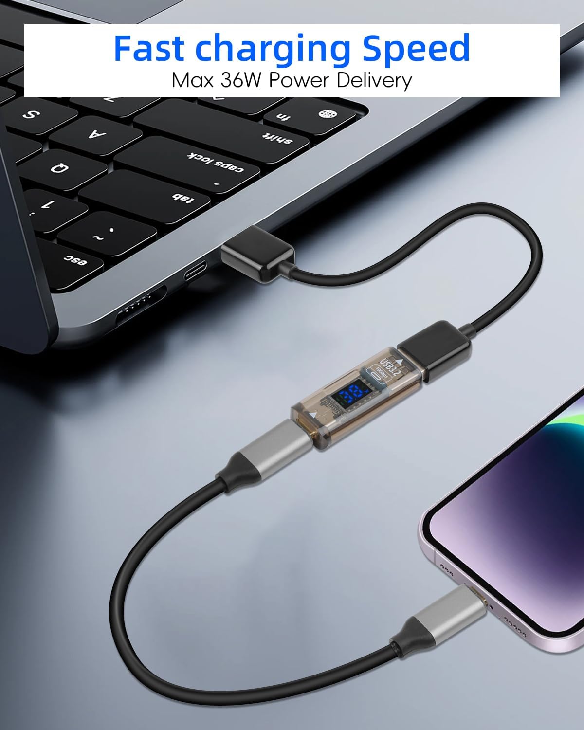 Gelrhonr 2 Pack USB To USB C Adapter With LED Display - 36w Fast Charging 10gbps Data Transfer, USB A Female To USB C Female Adapter With Voltage Current Power Display