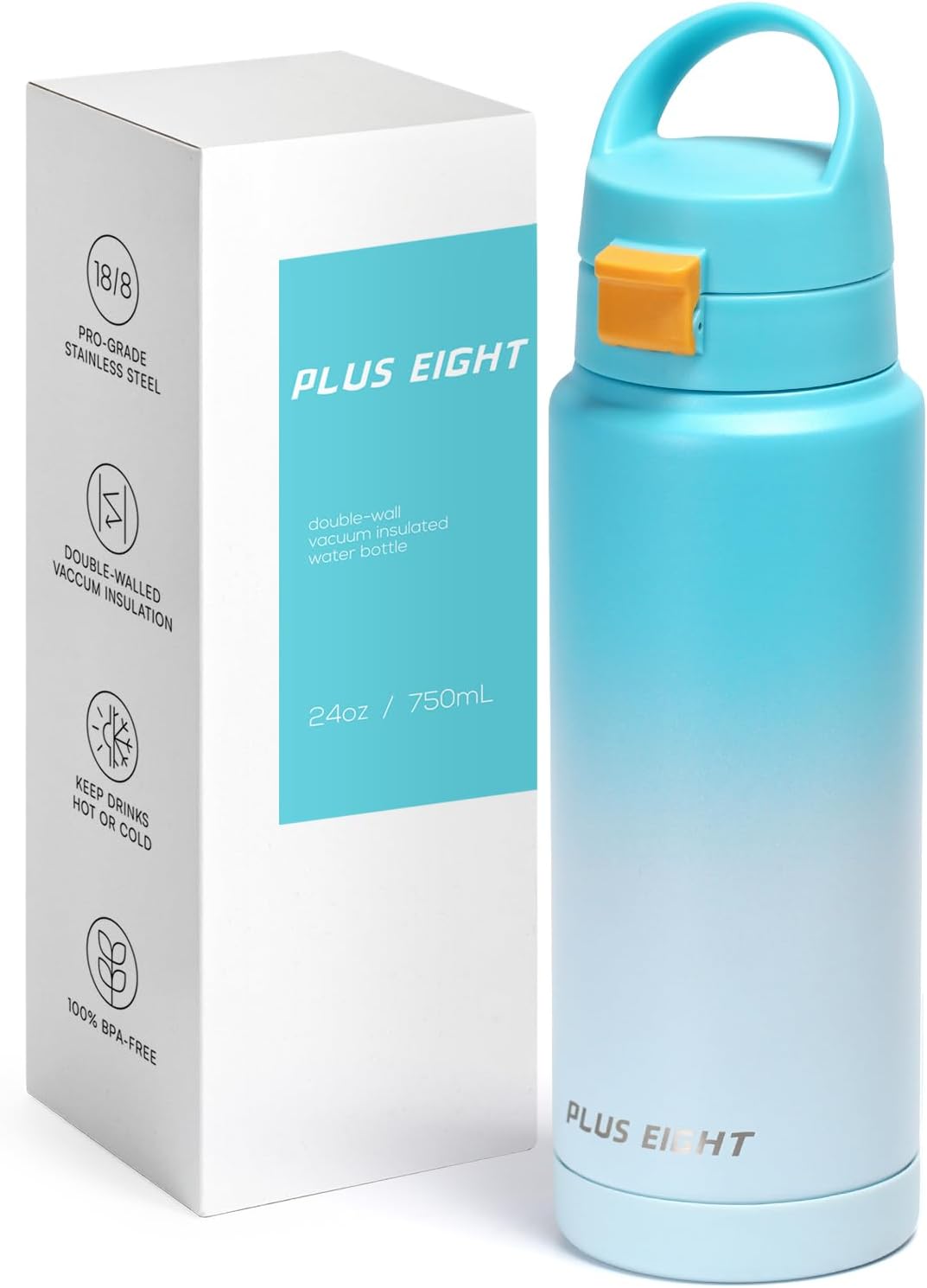 PLUSEIGHT Insulated Water Bottle 750ml (24oz) - Leakproof Stainless Steel Vacuum Flask with Locking Lid, One-Touch Spout & Carry Handle - Hot 12H Cold 24H - Blue Ombre