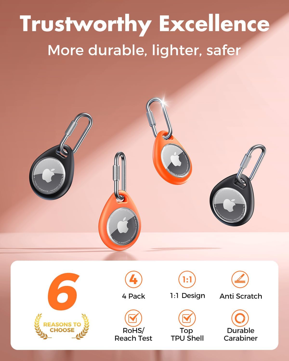 UnbreakCable Holder For Apple AirTag 4-pack - Waterproof TPU Protective Case With 304 Stainless Steel Twist Lock Carabiner - Anti-scratch, Anti-lost