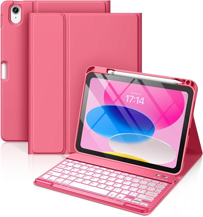 Vobafe iPad 11th/10th Gen keyboard case with 7-color backlit Bluetooth keyboard and detachable design, showing the keyboard and iPad.