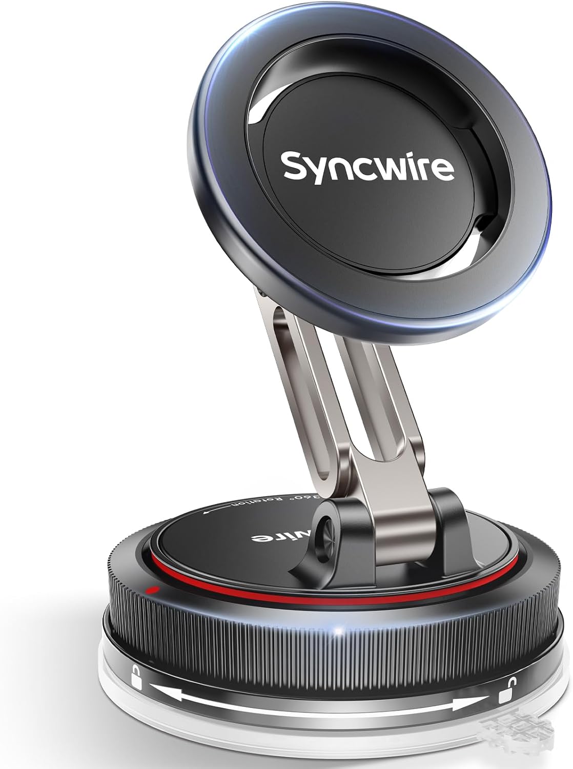 Syncwire MagSafe car mount in matte black, foldable 2-axis magnetic phone holder for dashboard and windscreen.
