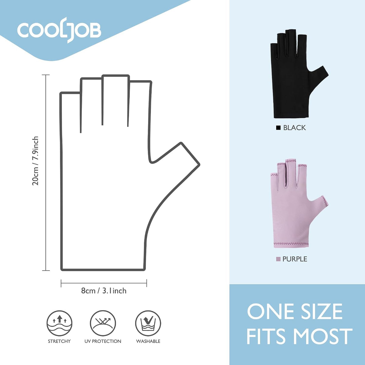 Black Cooljob UV protection gloves for gel nails, fingerless design, UPF50+ anti-UV gloves for manicure nail lamp use, pair included.