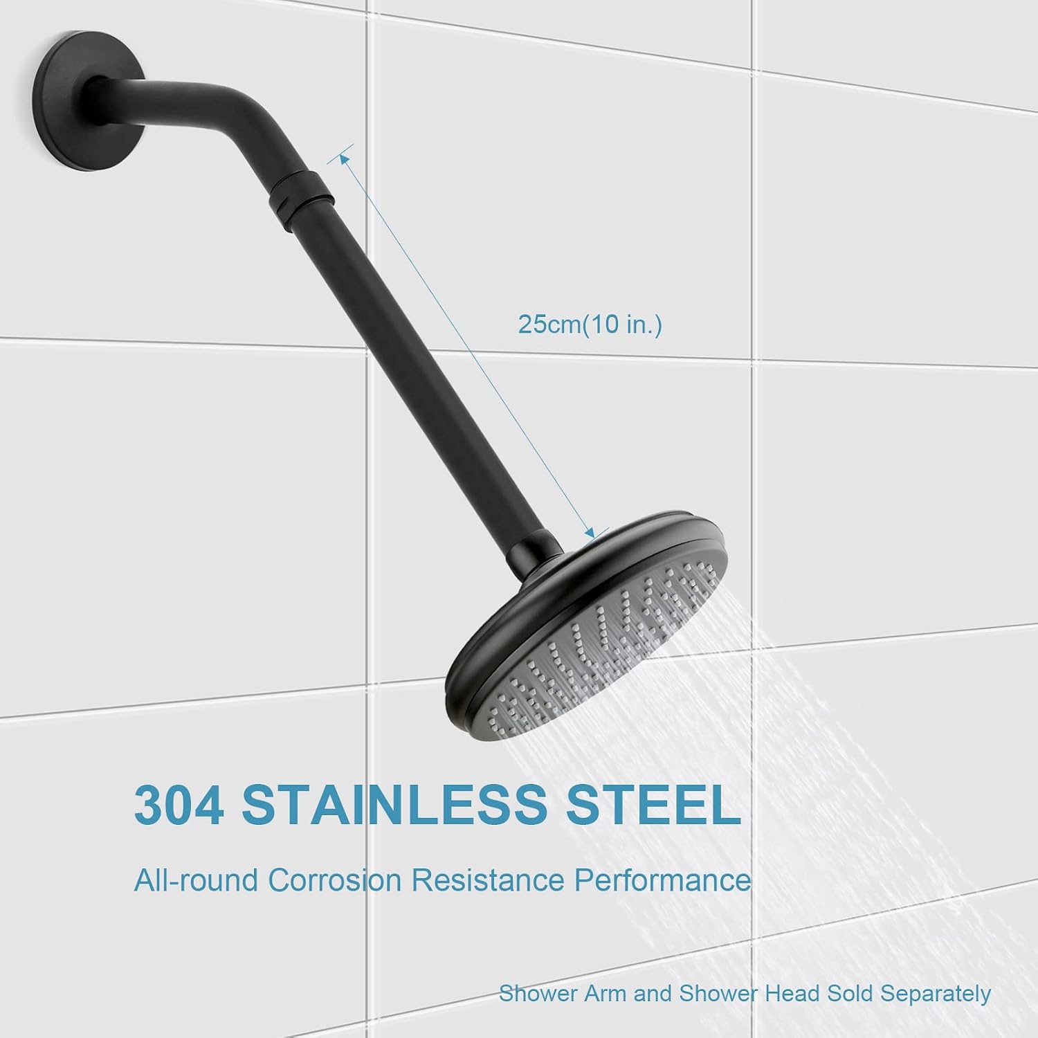 OFFO Shower Head Extension Arm 25cm - 304 Stainless Steel - Matte Black - 10 Inch