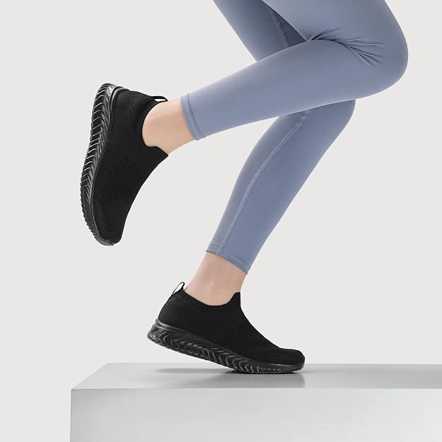 STQ Womens Slip On Trainers Black UK 3.5 EU 36 - Ultra Lightweight Breathable Memory Foam Walking Shoes